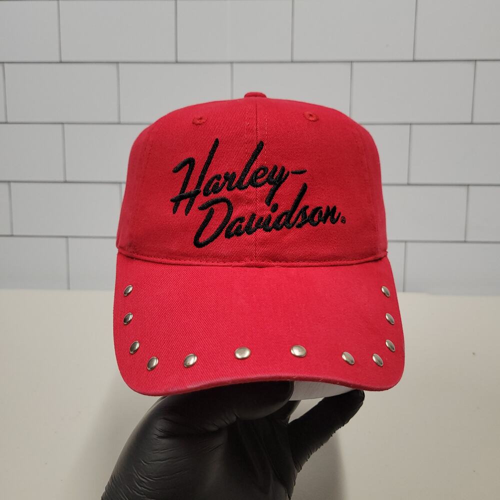 Harley Davidson Women's Red Studded Brim Strapback Hat Motorcycle Biker Cap
